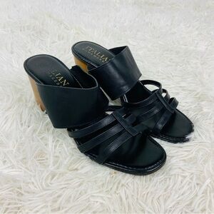 ITALIAN SHOEMAKERS black leather open toe slip on heels sandals size 9